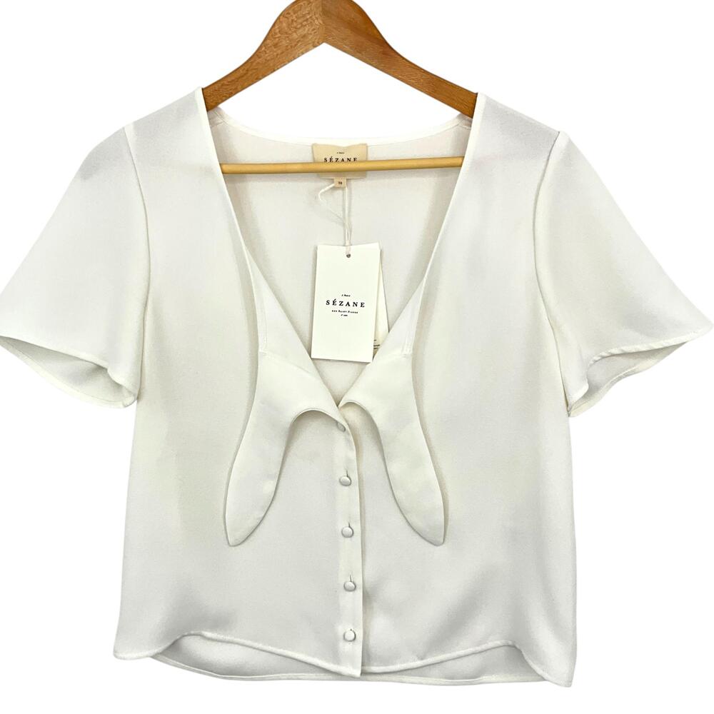 NWT Sezane Eloine Blouse Womens 38 US 6 White Ecru Button Front Short Sleeve Top